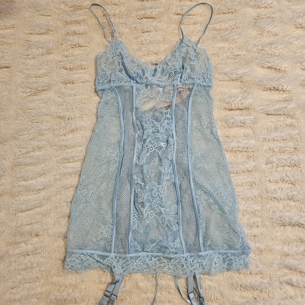 Victoria's Secret Blue Lace Garter Slip XS